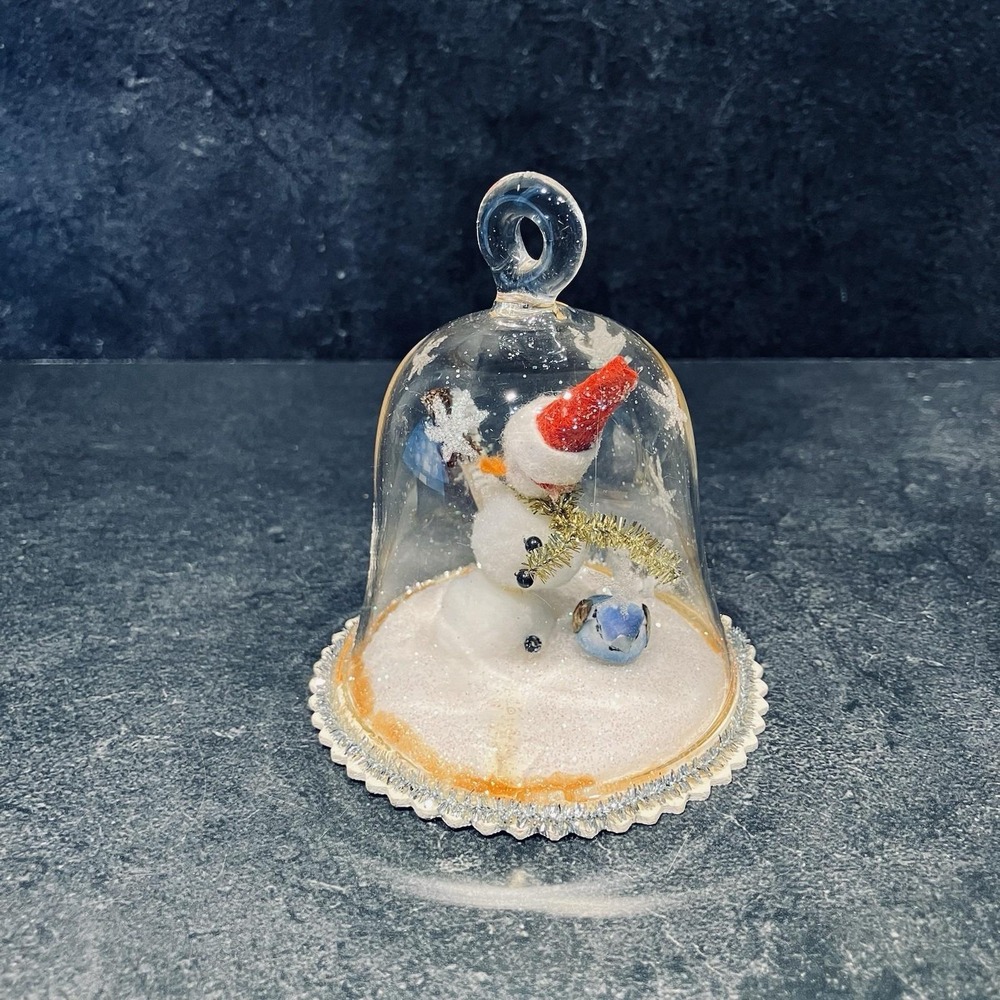 Vintage Cloche Glass Bell Christmas Diorama Ornament Snowman w/Bluebird 3.5"